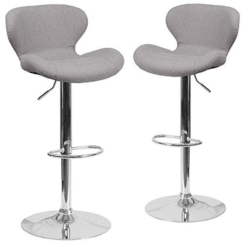 Flash Furniture Moderner Barhocker aus Vinyl mit gebogener Rückenlehne und Chromfuß, höhenverstellbar, 2 Stück, Sperrholz, Schaumstoff, Chrom, Metall, Grauer Stoff, 2 Pack von Flash Furniture