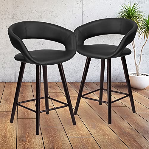 Flash Furniture 2 Stück. Brynn Series 61 cm hoher moderner Vinyl-Thekenhocker mit Gestell aus Cappuccino-Holz, Schaumstoff, Metall, Chrom, Sperrholz, Schwarz, 2er-Set von Flash Furniture