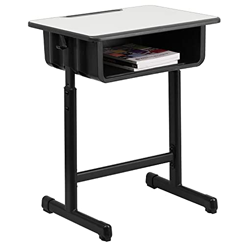 Flash Furniture Schreibtisch für Klassenzimmer – Höhenverstellbarer Schüler-Einzeltisch von Grundschule bis Abschluss – Pflegeleichter Kindertisch mit Ablagefach – Schwarz/Weiß von Flash Furniture