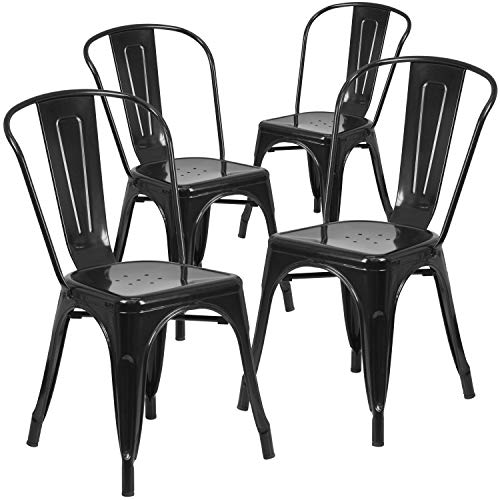 Flash Furniture Stapelbare Stühle für den Innen-und Außenbereich, aus Metall, 4 Stück, Kunststoff, Gummi, Schwarz, 4 Pack von Flash Furniture