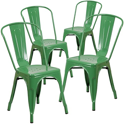 Flash Furniture Stapelbare Stühle für den Innen-und Außenbereich, aus Metall, 4 Stück, Legierter Stahl Kunststoff, Grün, 4 Pack von Flash Furniture
