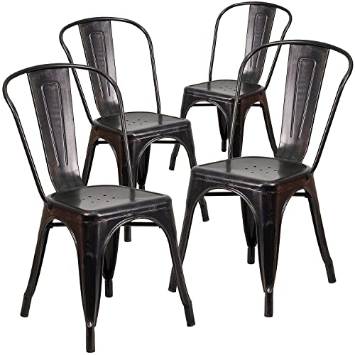 Flash Furniture Stapelbare Stühle für den Innen-und Außenbereich, aus Metall, 4 Stück, Legierter Stahl Kunststoff, Schwarz-antik-Gold, 4 Pack von Flash Furniture