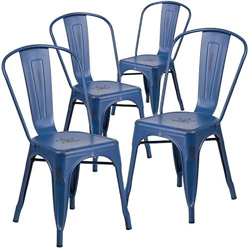 Flash Furniture Stapelbare Stühle in handelsüblicher Qualität, Metall, für drinnen und draußen, 4 Stück, Gummi Kunststoff Legierter Stahl, Antik-Blau, 4 Pack von Flash Furniture