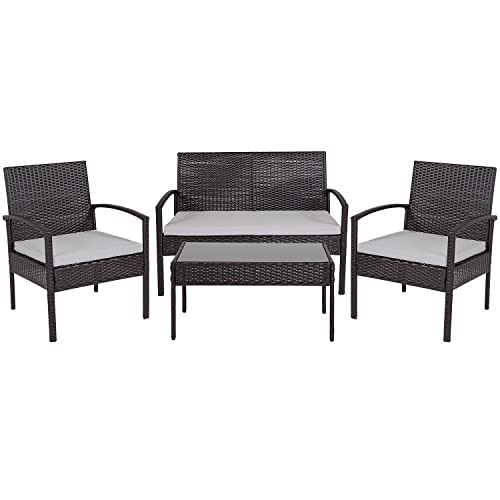 Flash Furniture Aransas Serie 4-teiliges Terrassenset mit Stahlrahmen und Kissen, Harz, Schwarz, 4-Piece Set von Flash Furniture