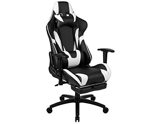 Flash Furniture X30 Gaming-Stuhl, ergonomischer Bürostuhl für PC- und Gaming-Setups, verstellbarer Rennsport-Stuhl mit vollständig verstellbarer Rückenunterstützung, schwarz mit weißer Verzierung von Flash Furniture