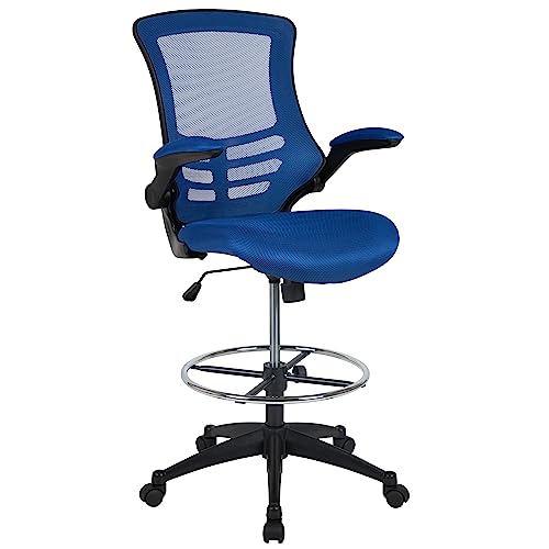 Flash Furniture Zeichenstuhl mit mittelhoher Rückenlehne – Ergonomischer Schreibtischstuhl mit hochklappbaren Armlehnen und verstellbarem Fußring – Bürostuhl für Home Office – Blau von Flash Furniture