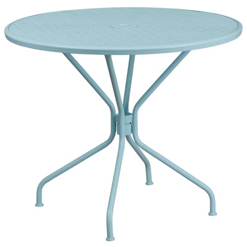Flash Furniture Oia Terrassentisch aus Stahl, rund, 89,5 cm, mit Schirmloch, Metall, himmelblau, 35.25" Round von Flash Furniture
