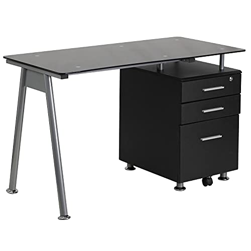 Flash Möbel Computer-Schreibtisch mit DREI Schubladen, Metall, Glas, Schwarz Top/Silber Rahmen, 128.27 X 67.31 14 x 14 cm von Flash Furniture