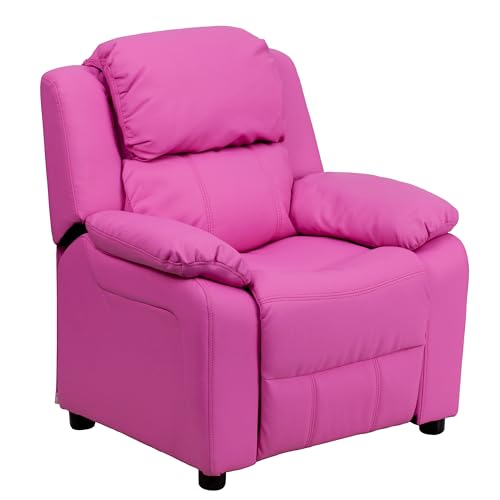 Flash Furniture Deluxe Padded Contemporary Kids Recliner with Storage Arms, Wood, Hot Pink Vinyl, 66.04 x 53.34 x 53.34 cm von Flash Furniture