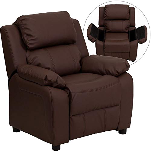 Flash Furniture Deluxe Padded Contemporary Kids Recliner with Storage Arms, Leather, Brown, 66.04 x 53.34 x 53.34 cm von Flash Furniture