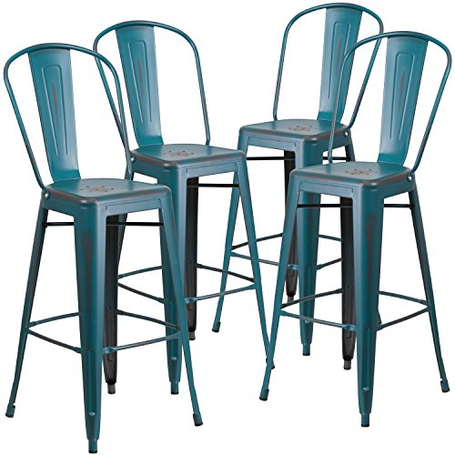 Flash Furniture Barhocker mit Rückenlehne aus Metall, 76,2 cm hoch, Used-Look, 4 Stück, Kelly Blue-Teal, 4er-Set von Flash Furniture