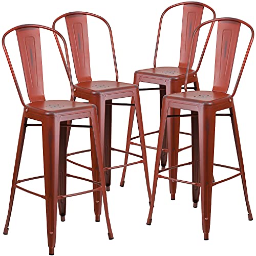 Flash Furniture Handelsübliche Qualität, 4 Stück, 76,2 cm hoch, Metall, für drinnen und draußen, Barhocker mit Rückenlehne, Kelly Red, 4er-Set von Flash Furniture