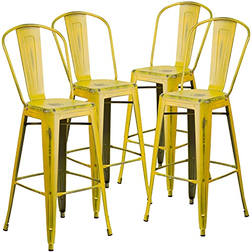 Flash Furniture Barhocker aus Metall, für drinnen und draußen, kommerzielle Qualität, 76,2 cm, mit Rückseite, Gelb von Flash Furniture