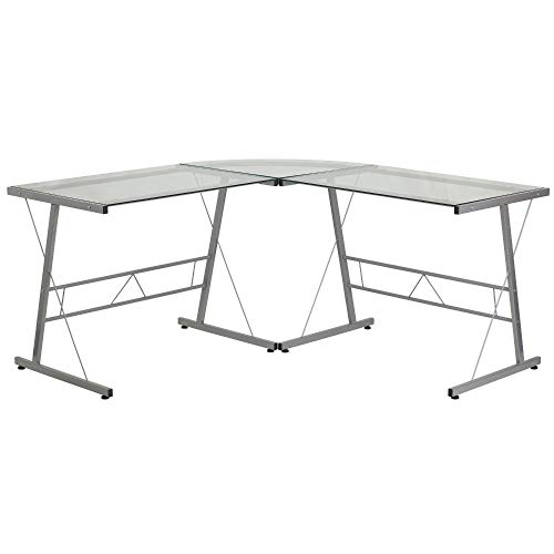 Flash Möbel Glas L-Form Computer-Schreibtisch mit Silber Finish, Metall, Glas klar Top/Silber, 95.25 X 68,58 x 17,78 cm von Flash Furniture