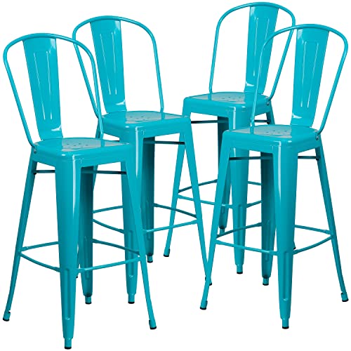 Flash Möbel Hohe Kristall Blau Metall Indoor-Outdoor Barhocker mit Rückenlehne, Metall, Crystal Teal-Blue, 4er-Packung von Flash Furniture