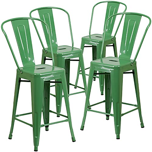 Flash Furniture Lily Handelsübliche Qualität, 61 cm hoch, Metall, für drinnen und draußen, Thekenhöhe mit Abnehmbarer Rückenlehne, Grün, 4 Stück von Flash Furniture