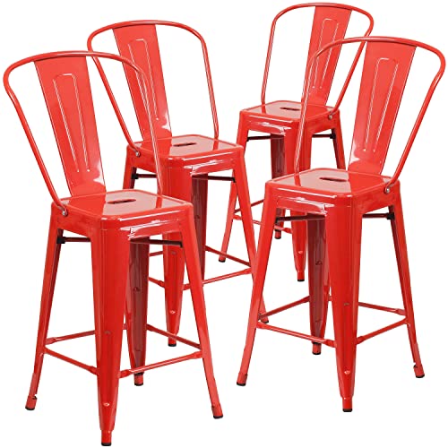 Flash Furniture 4 x Hocker mit Rückenlehne, 61 cm hoch, Metall, für den Innen-und Außenbereich, Kunststoff, verzinkter Stahl, rot, 4er-Set von Flash Furniture