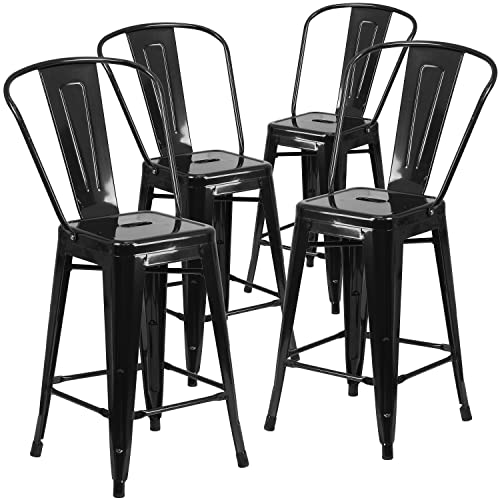 Flash Furniture 4 x Hocker mit Rückenlehne, 61 cm hoch, Metall, für den Innen-und Außenbereich, Kunststoff, verzinkter Stahl, Schwarz, 4er-Set von Flash Furniture
