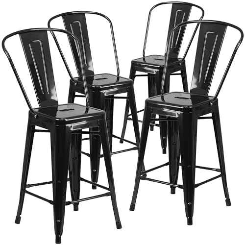 Flash Furniture 4 x Hocker mit Rückenlehne, 61 cm hoch, Metall, für den Innen-und Außenbereich, Kunststoff, verzinkter Stahl, Schwarz, 4er-Set von Flash Furniture