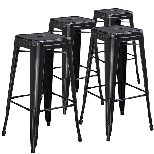 Flash Furniture Barhocker, kommerzielle Qualität, 76 cm hoch, ohne Rückenlehne, Metall mit Distressed-Optik, für Innen- und Außenbereich, Eisen, Kunststoff, schwarz, 4 Stück von Flash Furniture