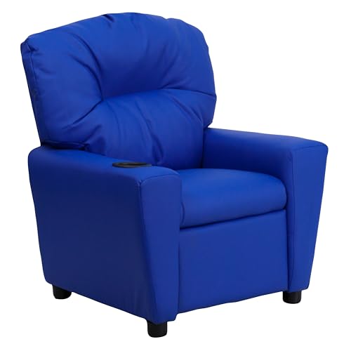 Flash Furniture Contemporary Kids Recliner with Cup Holder, Wood, Blue Vinyl, 66.04 x 53.34 x 53.34 cm von Flash Furniture