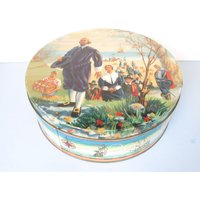 Spähen Frean Pilgrim Fathers Biscuit Tin/Vintage Runde Keksdose Mit Der Mayflower Und 1620 Strand Landung 9, 5" Diam X 3, 25" H von FlashbackFinds