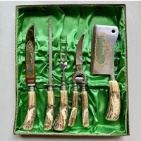 Vintage Solingen Walter Willms 5 Teiliges Schnitzbesteck Original Box Geweih Griffe von Flatware
