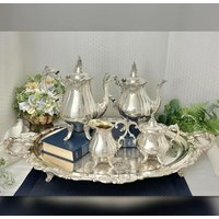 Wallace Silver Baroque Silberplatte Tee Und Kaffee Service Set Footed Tablett 5-Tlg von Flatware