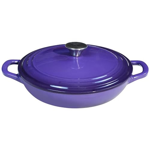 Flavehc Schmorpfanne aus emailliertem Gusseisen, 3 qt, Schmortopf mit Deckel, violett, flach, Gusseisen, Schmortopf mit Griffen von Flavehc
