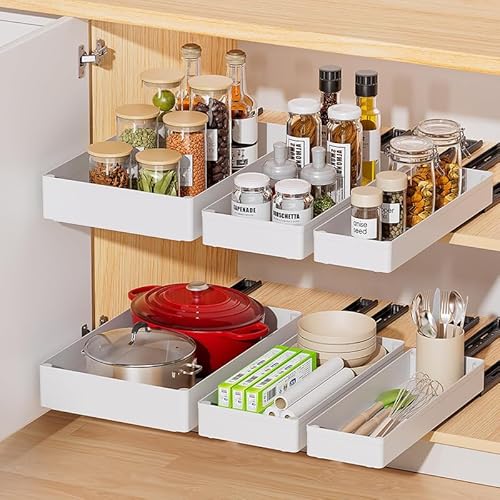 3er/Pack Teleskopschublade - Ausziehbare Schublade Küche - Ausziehbarer Schrank Organizer - 3 Größen Mehrzweck-Organizern für Küche, Speisekammer und Bad - Weiß von Flearitzo