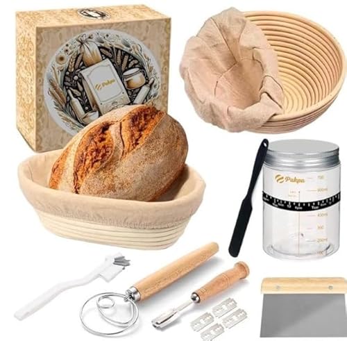 8-teiliges Bread Baking Set - Bread Proofing Basket Set inkl. 2 Gärkörbe Gärglas Teigschaber dänischem Schneebesen Bäckermesser Pinsel und Teigmesser für Brotback-Einsteiger und Fortgeschrittene von Flearitzo