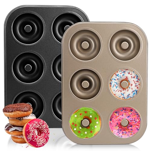 2 Stück Donut Backform - 6 fach Donuts Formen mit Antihaftbeschichtung und Hitzebeständig Karbonstahl ideal als Donut Backform für Kuchen Kekse Bagels und Muffins (Schwarz+Gold) von Flearitzo
