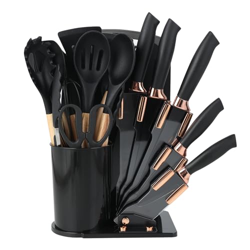 Küchenmesser Set 19 Teiliges Küchenutensilien Set Silikon Küchenhelfer Set mit 12 Kochutensilien,5 Messern,Schneidebrett und Halter,Spülmaschinengeeignet(Schwarz) von Flearitzo