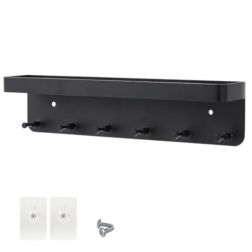 Schlüsselbrett - Schlüsselhalter - Schlüsselboard – Mit Ablage und 6 Haken modernes Schwarzes Schlüsselregal für Wandmontage ohne Bohren ideal für Eingangsbereich Flur Küche von Flearitzo