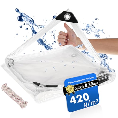 Plane Transparent mit ösen 3x5m, Abdeckplane Wasserdicht mit Seil, 420g/m² PVC Outdoor Vorhang für GartenmöBel GewäChshaus Pavillon Balkon von Flei