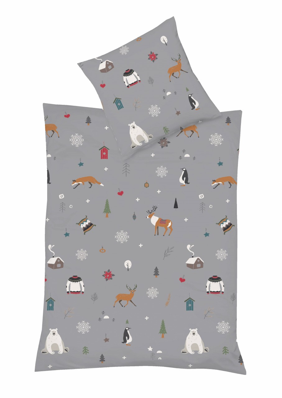 Fleuresse Mako-Satin Bettwäsche 155x220 Fuchs Hirsch Winter Bäume grau 114324-07 von Fleuresse GmbH
