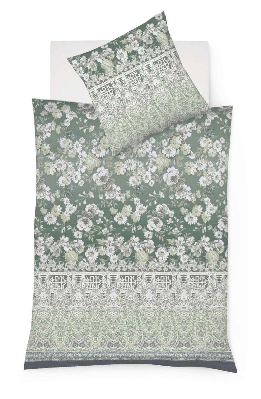 Fleuresse Mako-Satin Bettwäsche 155x220 Ornamente Blumen grün grau 113804-5 von Fleuresse