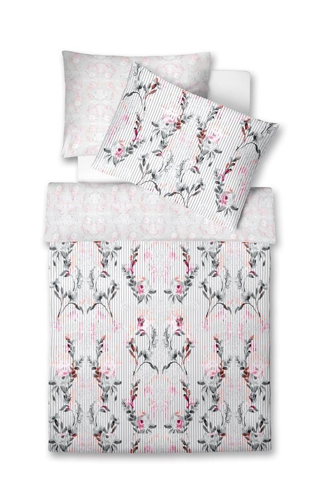 Fleuresse Mako-Satin Bettwäsche 155x220 Wende Streifen Blumen grau rot 113832-4 von Fleuresse GmbH