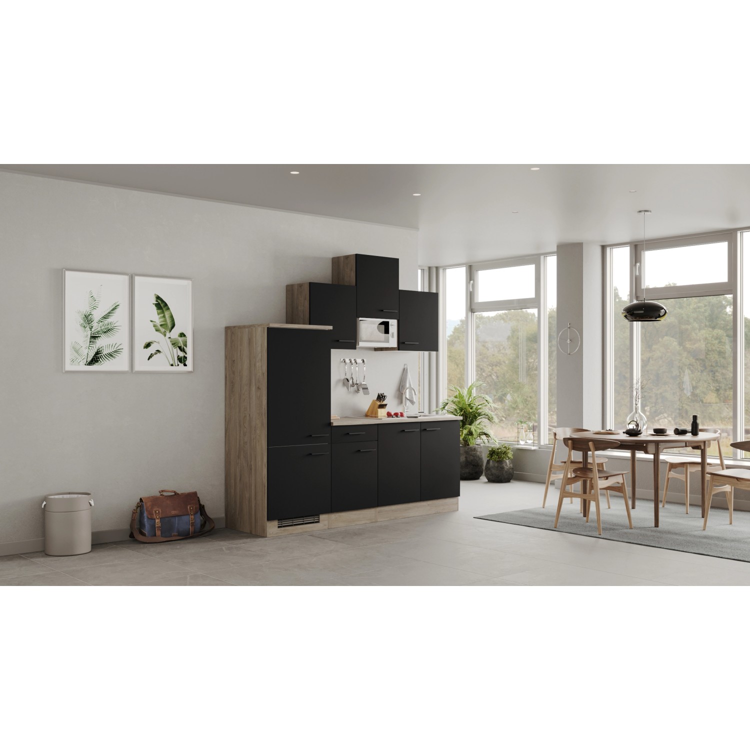Flex-Well Exclusiv Küchenzeile Capri 210 cm Schwarz Matt-Endgrain Oak von Flex-Well Exclusiv