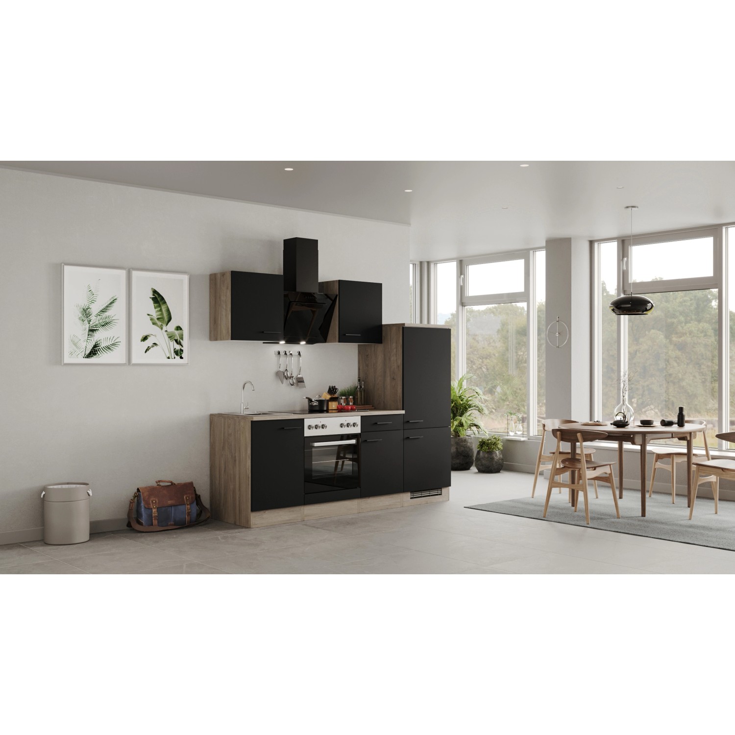 Flex-Well Exclusiv Küchenzeile Capri 220 cm Schwarz Matt-Endgrain Oak von Flex-Well Exclusiv