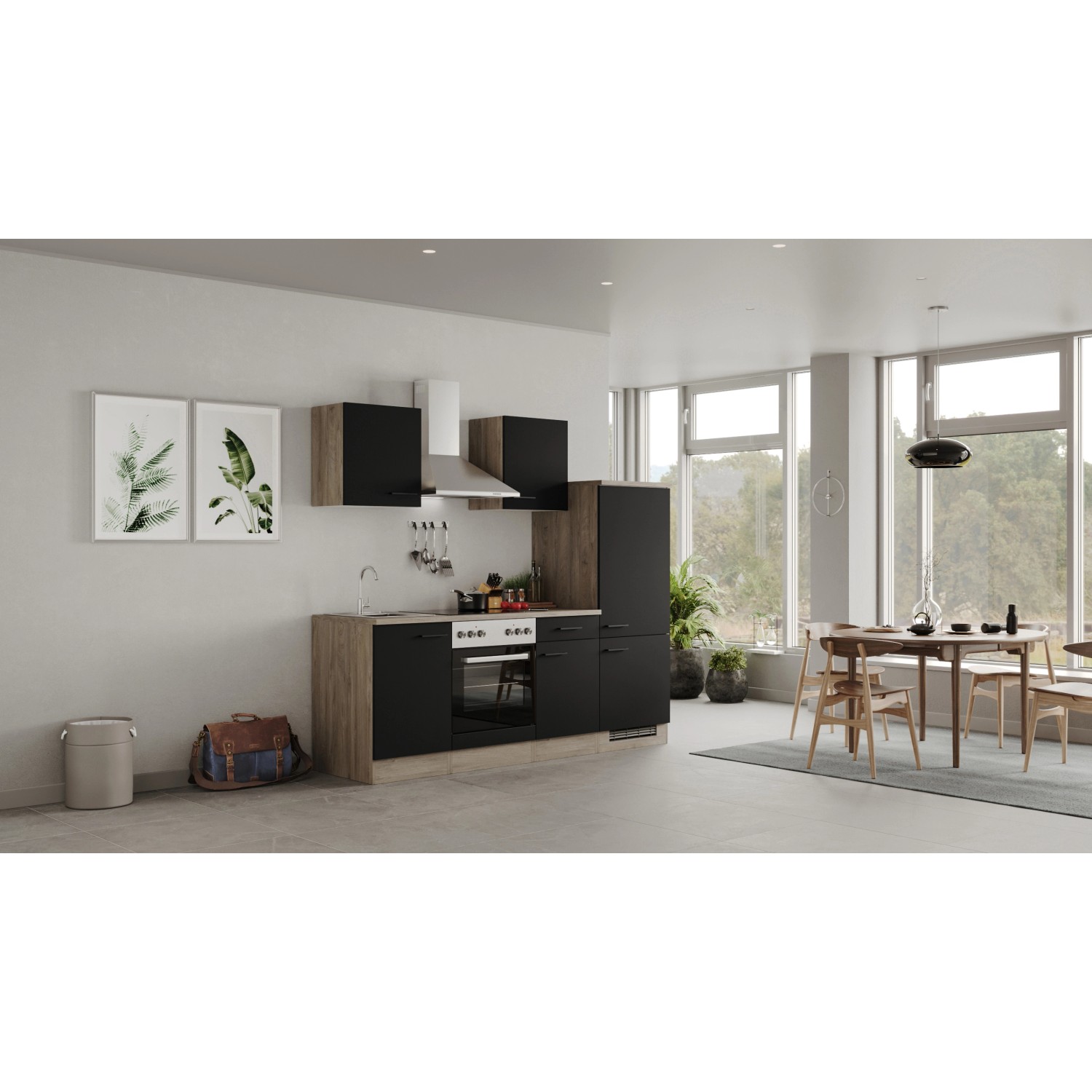 Flex-Well Exclusiv Küchenzeile Capri 220 cm Schwarz Matt-Endgrain Oak von Flex-Well Exclusiv