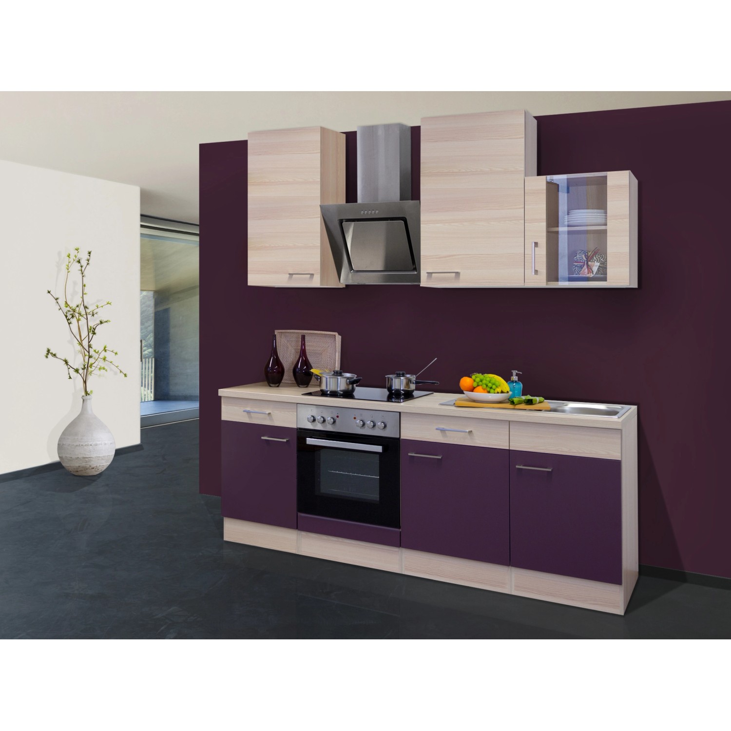 Flex-Well Exclusiv Küchenzeile Focus 220 cm Akazie-Aubergine von Flex-Well Exclusiv