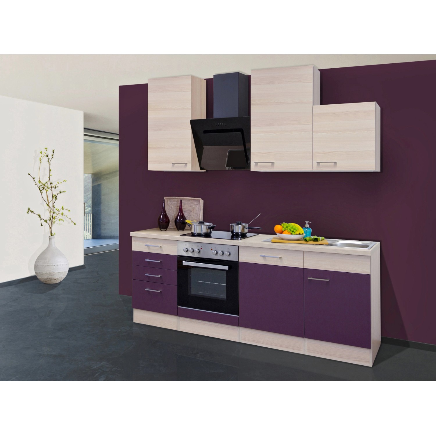 Flex-Well Exclusiv Küchenzeile Focus 220 cm Akazie-Aubergine von Flex-Well Exclusiv