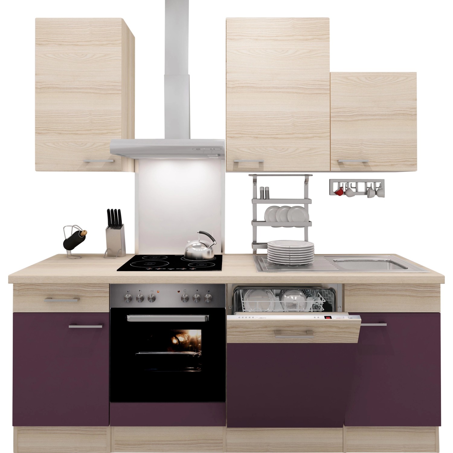 Flex-Well Exclusiv Küchenzeile Focus 220 cm Akazie Nachbildung Aubergine von Flex-Well Exclusiv