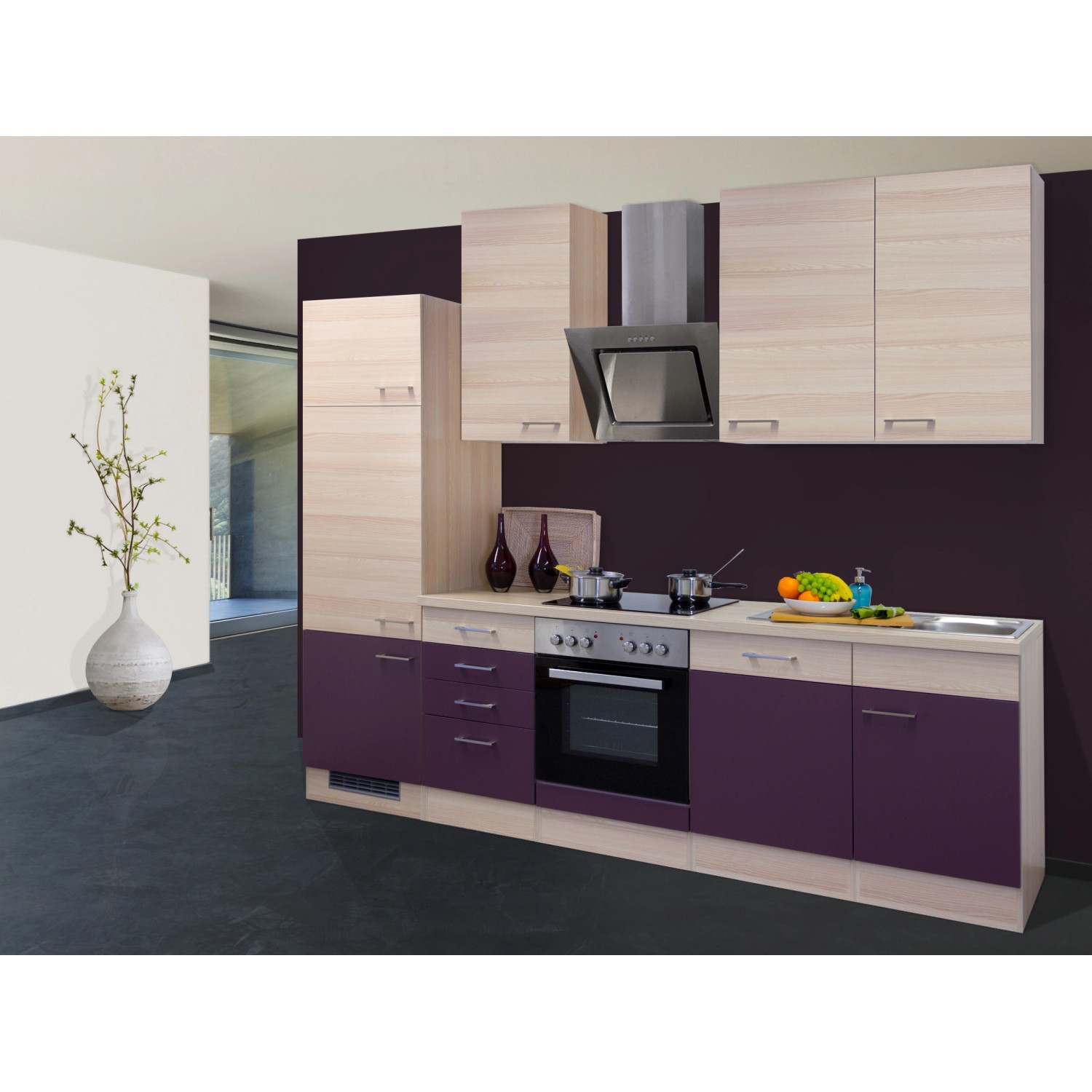 Flex-Well Exclusiv Küchenzeile Focus 280 cm Akazie Nachbildung Aubergine von Flex-Well Exclusiv