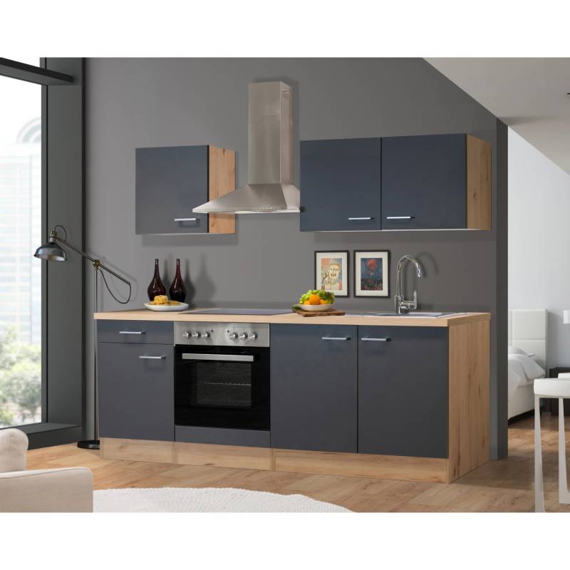 Flex-Well Exclusiv Küchenzeile Morena 210 cm Basaltgrau Matt - San Remo Eiche von Flex-Well Exclusiv
