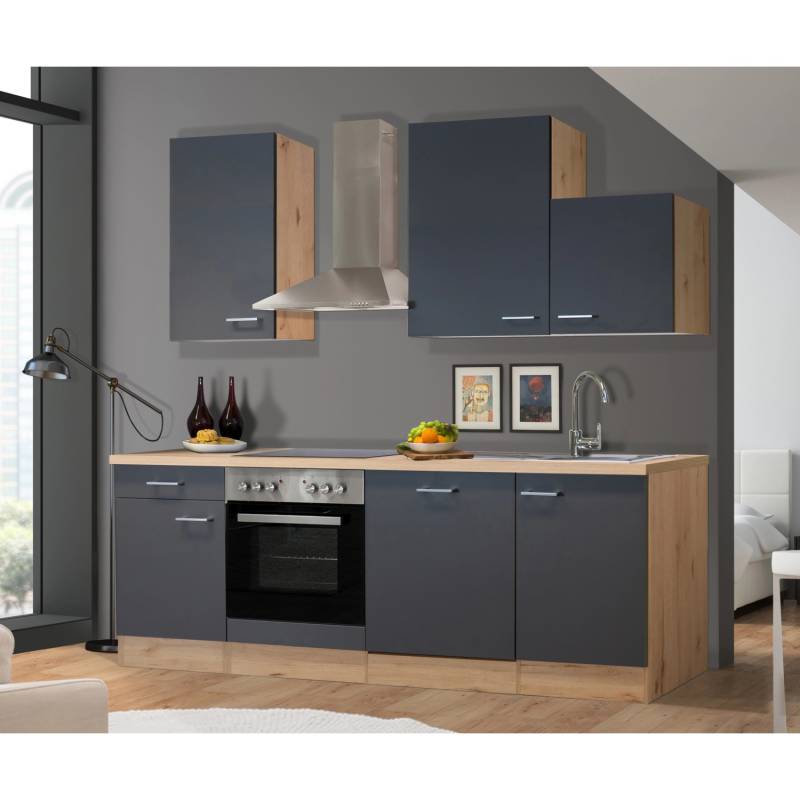 Flex-Well Exclusiv Küchenzeile Morena 220 cm Basaltgrau Matt - San Remo Eiche von Flex-Well Exclusiv