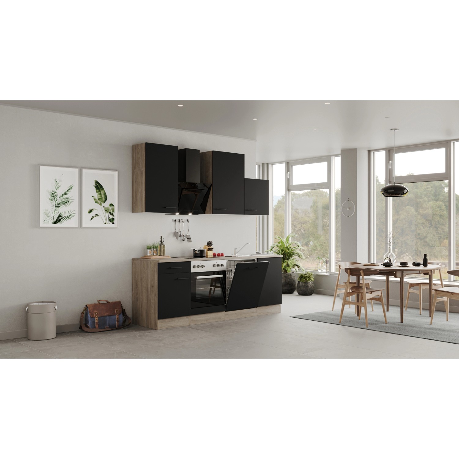 Flex-Well Exclusiv Küchenzeile Capri 220 cm Schwarz Matt-Endgrain Oak von Flex-Well Exclusiv