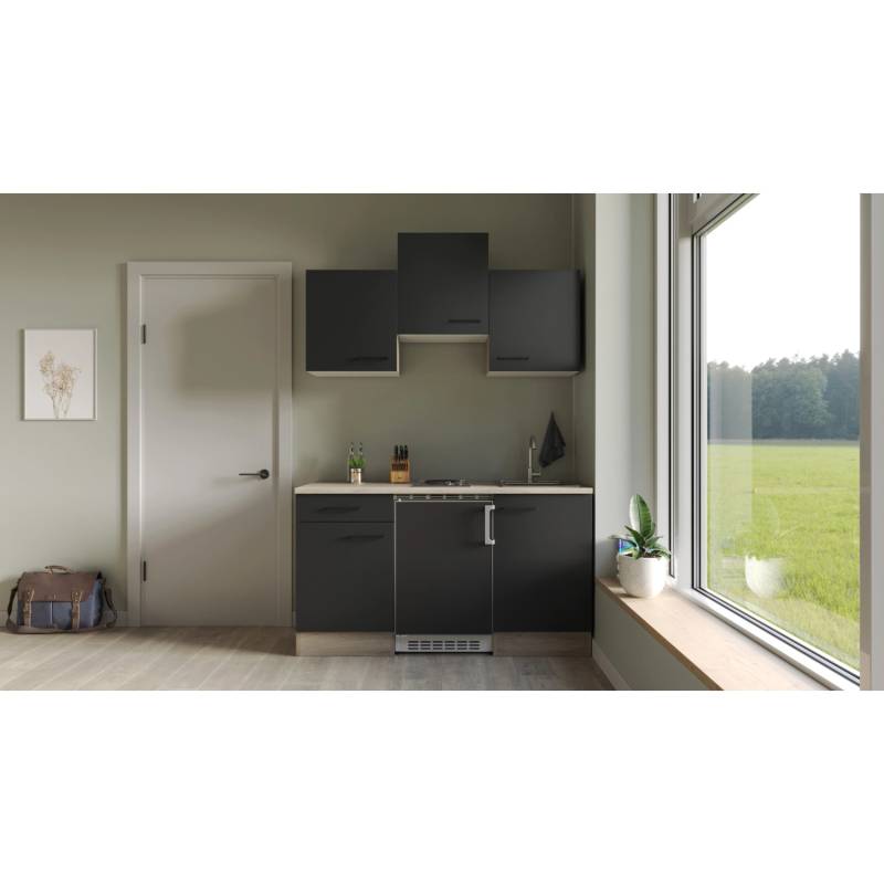 Flex-Well Exclusiv Singleküche Capri 150 cm Schwarz Matt-Endgrain Oak von Flex-Well Exclusiv