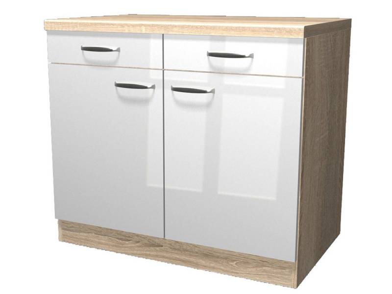 Flex-Well Unterschrank Küchenunterschrank - 100 cm breit - Hochglanz Weiß Sonoma Eiche von Flex-Well